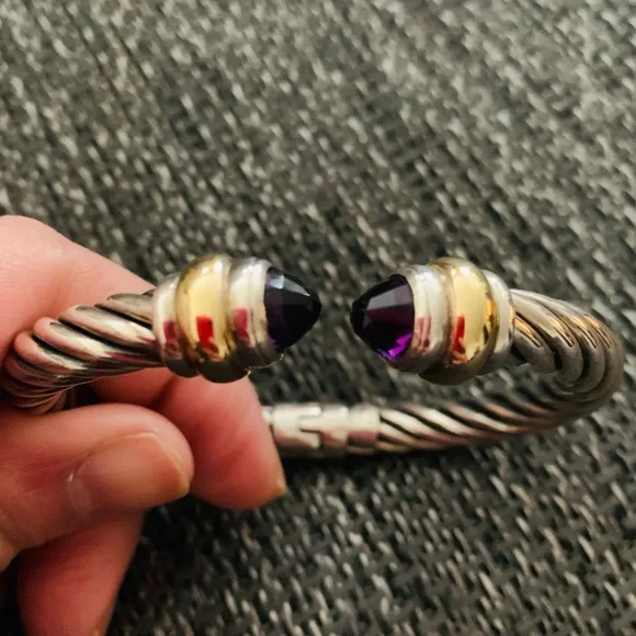 ALS Sterling Silver Classic Cable Bracelet with 18K Gold Band Accent - Picture 2 of 5